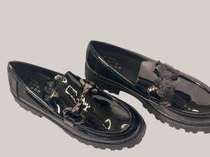 SHU SHOP Tatiana Black Patent Lug Sole Loafers with Bit Detail